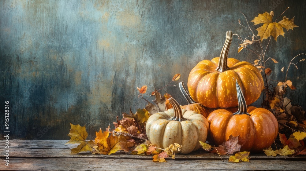 autumn pumpkins and fall decor on a rustic wood background with copy space autumn pumpkins and fall decor on a rustic wood background with copy space
