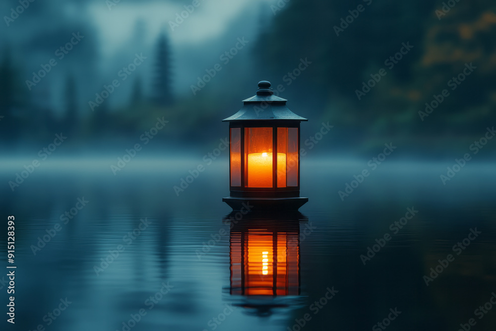 A minimalist design of a floating lantern casting a soft, serene light over a calm, reflective surface,