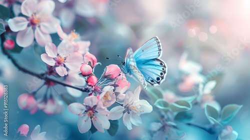 A lovely blue butterfly flying above a pink flower branch