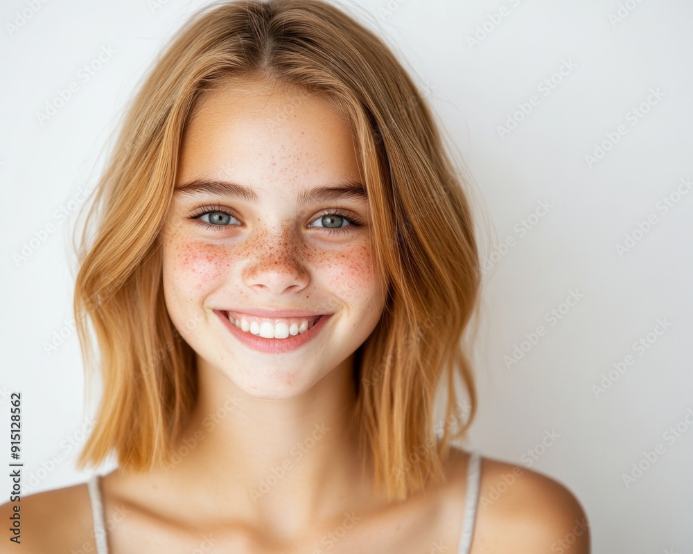 A young woman with freckles smiles warmly at the camera. Her light brown hair is styled in a bob.