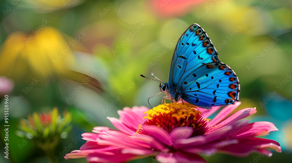 Fototapeta premium In nature, a stunning blue butterfly sitting above a pink flower