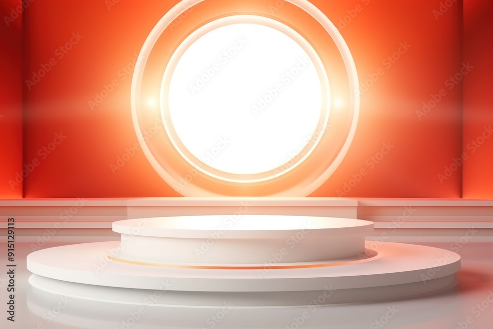 Orange background with white circle podium and glowing light. Orange background with white circle podium and glowing light.