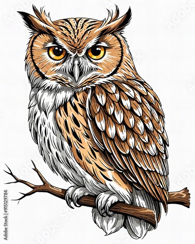 there is a drawing of an owl sitting on a branch. photo