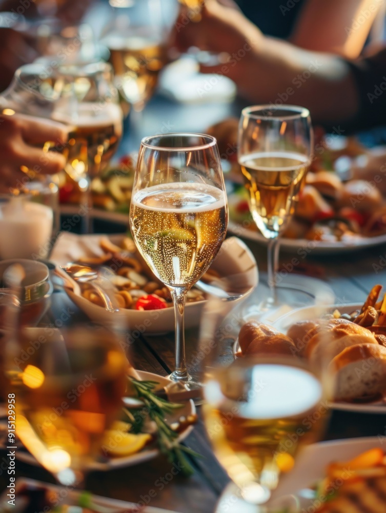 Glass of Champagne on Table with Food. Glass of Champagne on Table with Food.
