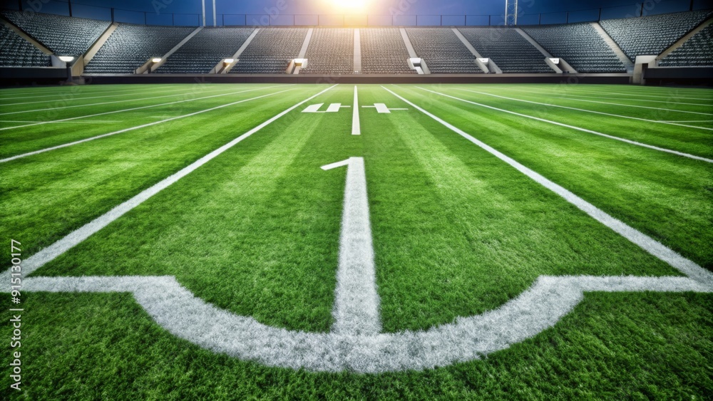 Wide Angle View of Football Field with Yard Lines and Number One in the Center - Green Grass, White Lines, Night Game, Stadium Seating, Sport, American Football, Field Goal Wide Angle View of Football Field with Yard Lines and Number One in the Center - Green Grass, White Lines, Night Game, Stadium Seating, Sport, American Football, Field Goal