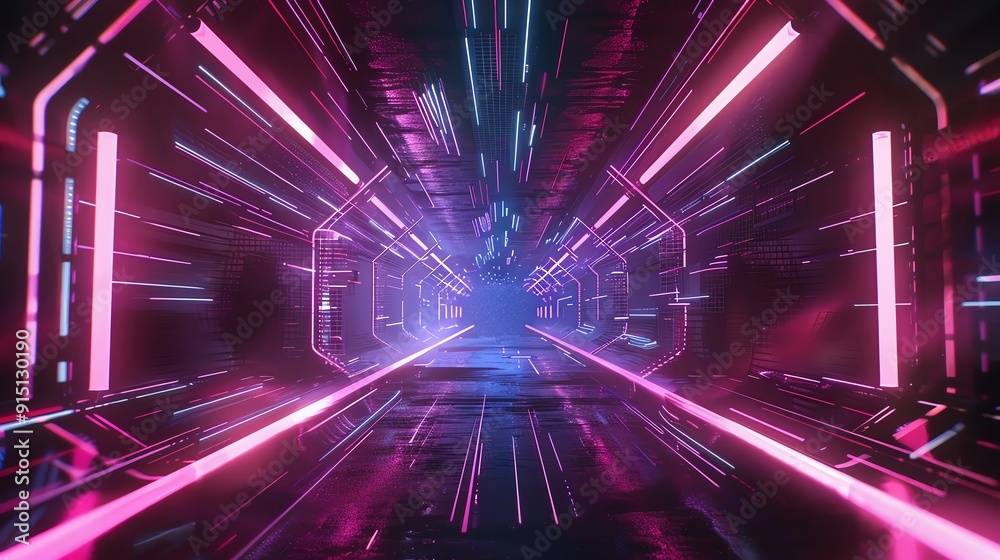 Naklejka premium Blue laser light burst shines bright, glowing energy streaks across dark space