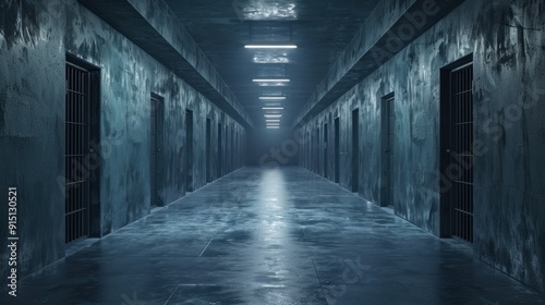 Eerie and mysterious industrial hallway with multiple closed doors, evoking feelings of suspense and intrigue.