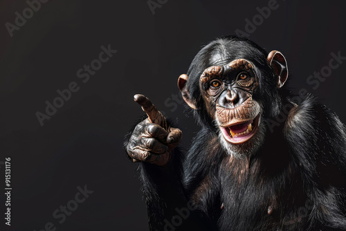 A photo of a smiling chimpanzee pointing with his finger on a black background. The monkey points his finger at the free space.