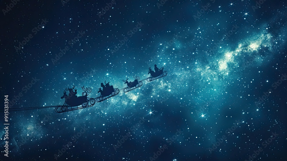Simple silhouette of Santa Claus flying across a starry night sky with his sleigh and reindeer Simple silhouette of Santa Claus flying across a starry night sky with his sleigh and reindeer