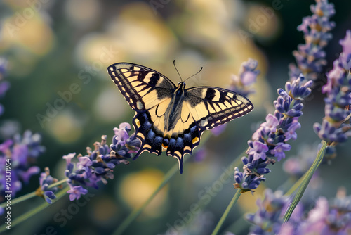 Yellow and Black Butterfly on Lavender Flowers Photo