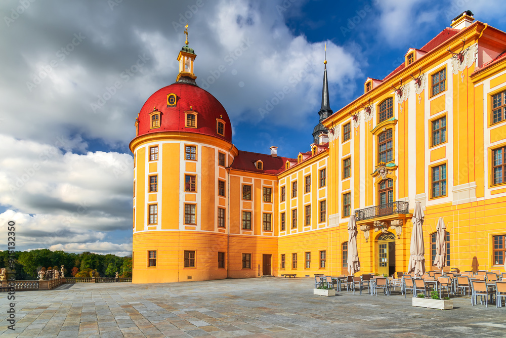 Morotzburg, Germany. Beautiful Baroque Palace surrounded by a lake, autumn in Saxony, Europe.