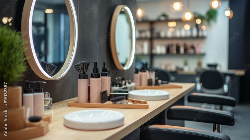 Modern Beauty Salon Interior With Neatly Arranged Products And Bright Mirrors