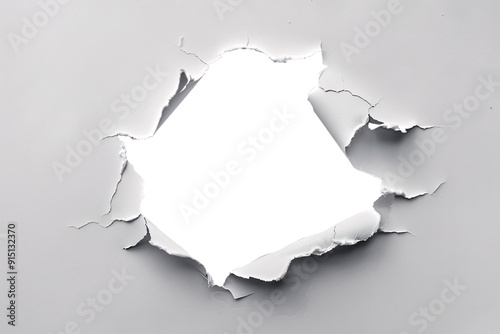 ripped transparent hole in white paper, torn hole