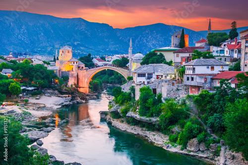 Mostar, Bosnia. Stari Most old turkish bridge, Bosnia and Herzegovina. Balkan Peninsula travel. photo