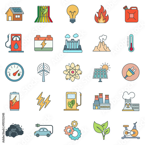 Energy icons set, Included icons as Atom, Battery, Wind Turbine, Light Bulb and more symbols collection, logo isolated vector illustration photo