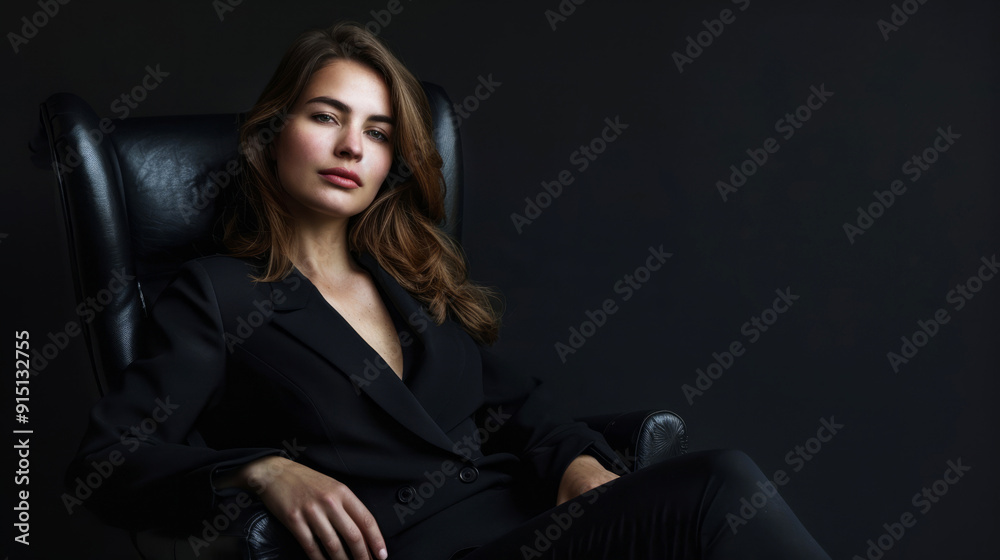A glamorous snapshot of a business woman. A girl, an office worker, is sitting in a leather armchair. A glamorous snapshot of a business woman. A girl, an office worker, is sitting in a leather armchair.