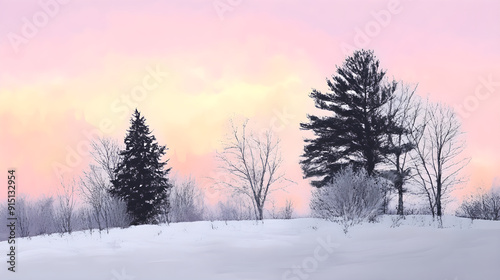 A serene winter landscape features silhouetted trees against a pastel sky at dawn, creating a peaceful and tranquil scene