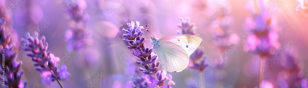 Naklejka premium White Butterfly on Lavender Flowers - Photo