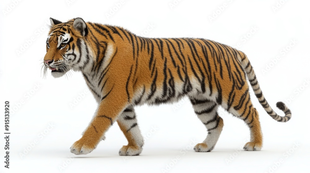 Obraz premium Majestic Tiger Striding Across White Background in Full Body Shot