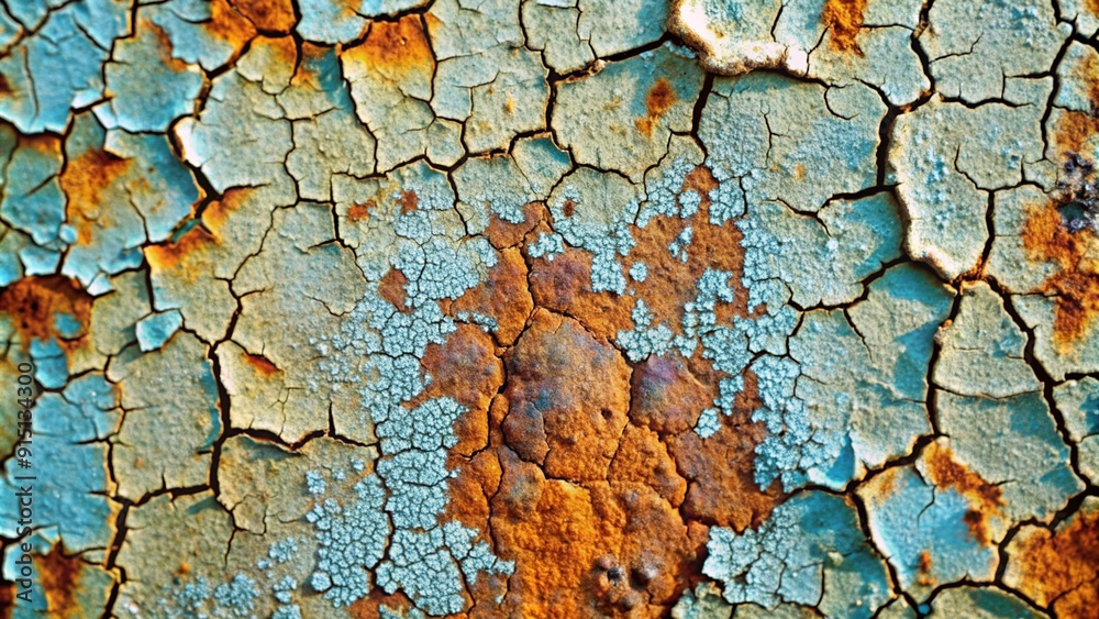 Close-up of cracked blue paint revealing rusty metal underneath. Close-up of cracked blue paint revealing rusty metal underneath.