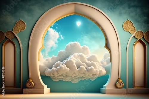 Ornate archway with clouds and blue sky, abstract interior design concept. photo