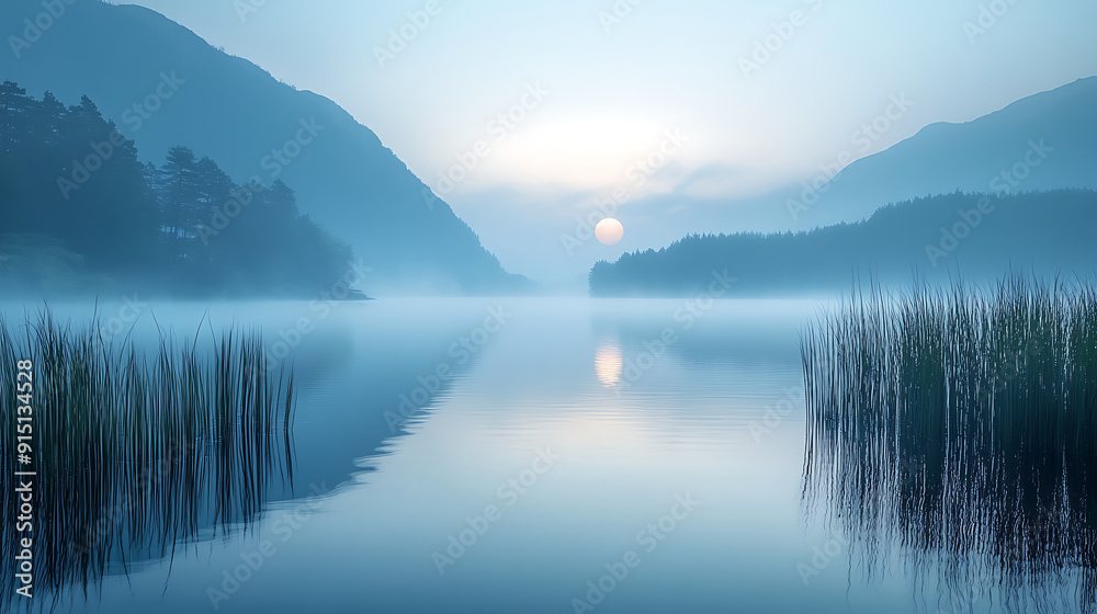 A serene lake at dawn with mist rising from the water. Generative AI illustration A serene lake at dawn with mist rising from the water. Generative AI illustration