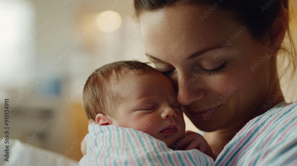 A mother holds her baby wrapped in a blanket, showing love and care A mother holds her baby wrapped in a blanket, showing love and care