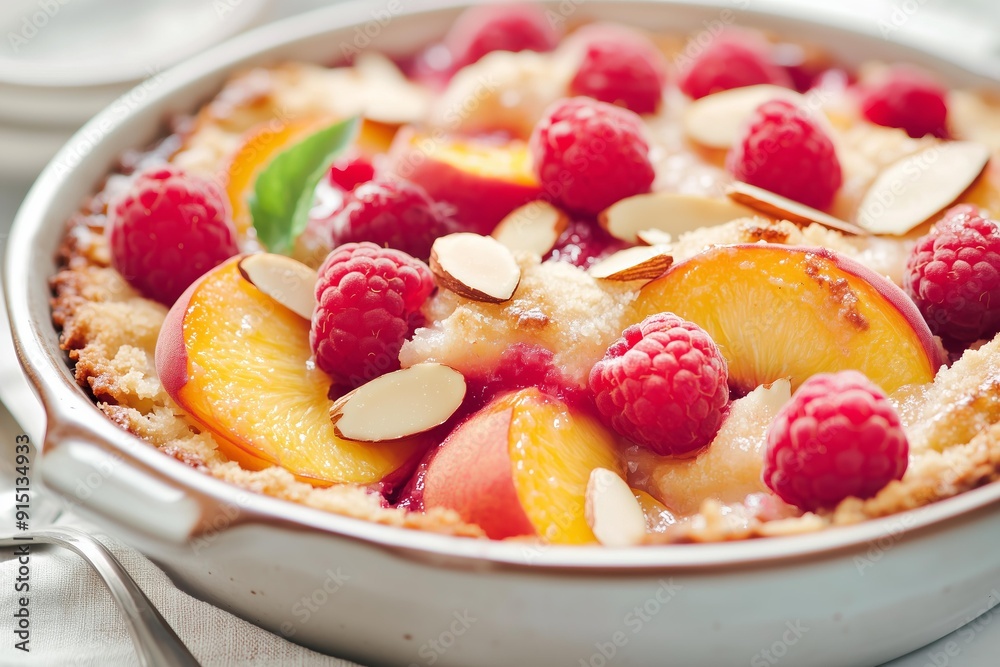 warm peach and raspberry cobbler, freshly baked in a rustic dish. The cobbler is topped with juicy, caramelized peach slices and vibrant red raspberries warm peach and raspberry cobbler, freshly baked in a rustic dish. The cobbler is topped with juicy, caramelized peach slices and vibrant red raspberries