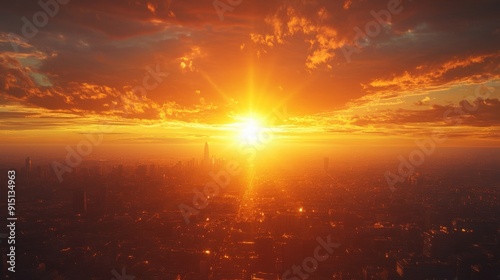 Golden Sunset Over a Cityscape with a Single Tower