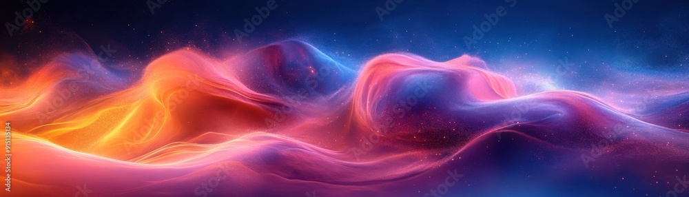 Abstract Cosmic Landscape with Wavy Shapes and Glittering Particles