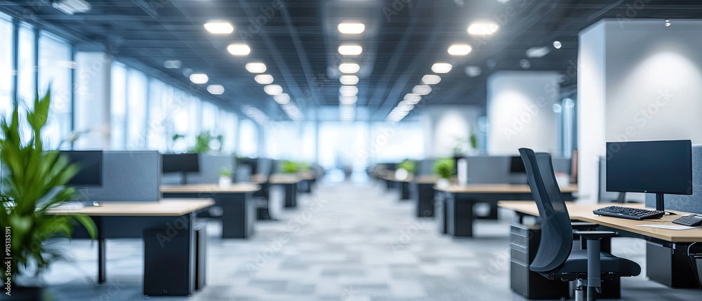 Blurred Empty Open Space Office with Abstract Light Bokeh - Office Interior Background for Design, Modern Workspace, Soft Focus, Office Environment, Professional Setting Blurred Empty Open Space Office with Abstract Light Bokeh - Office Interior Background for Design, Modern Workspace, Soft Focus, Office Environment, Professional Setting