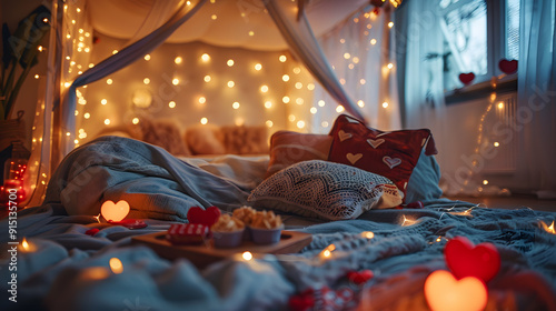 A cozy Valentine's Day blanket fort, decorated with string lights, heart-shaped pillows, and a tray of sweet treats, would make for a whimsical scene.