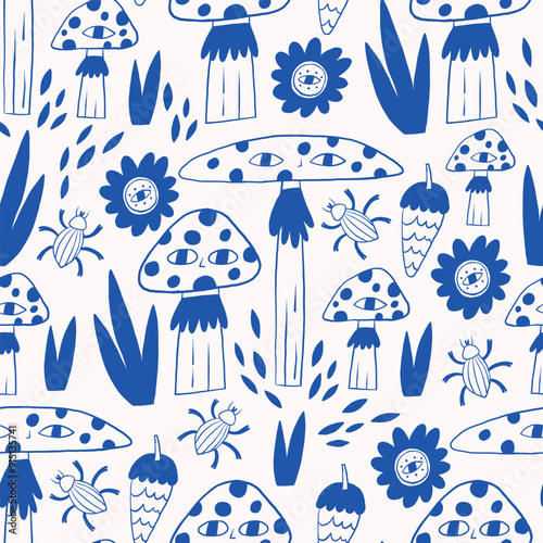 Whimsical Pattern with Mushrooms, Flowers, and Bugs in Blue