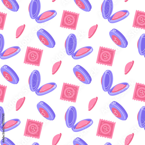 Pattern of female condoms in different poses. A flat color illustration about safe sex and contraception. The texture of the condom is of various shapes. The packaging is plastic, closed and open