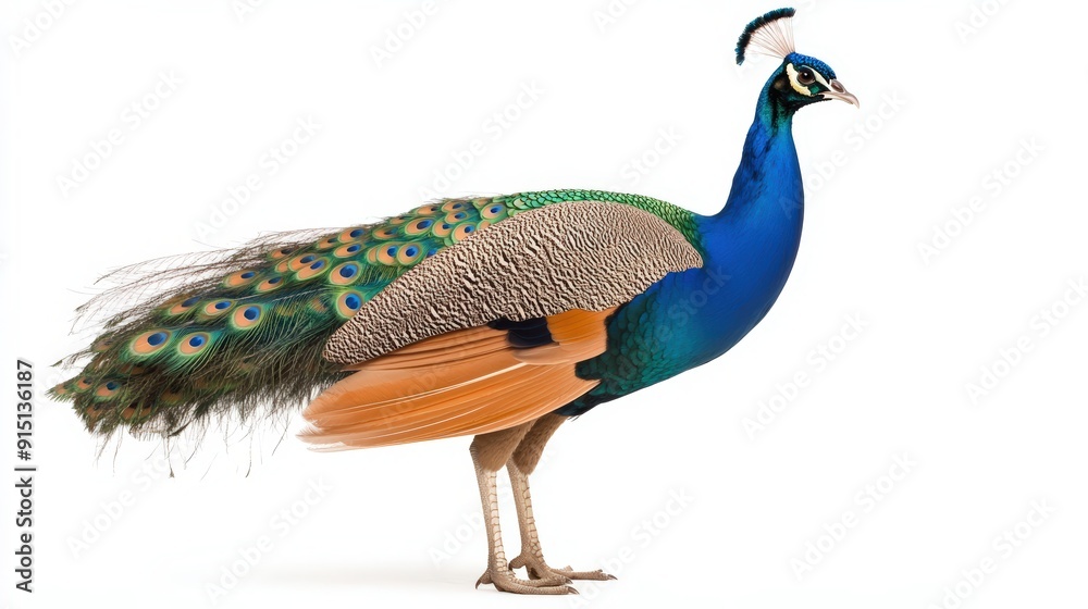Fototapeta premium Elegant portrait of a peacock displaying vibrant feathers in full glory