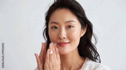 radiant asian woman applying skincare freshfaced glow against white backdrop photo