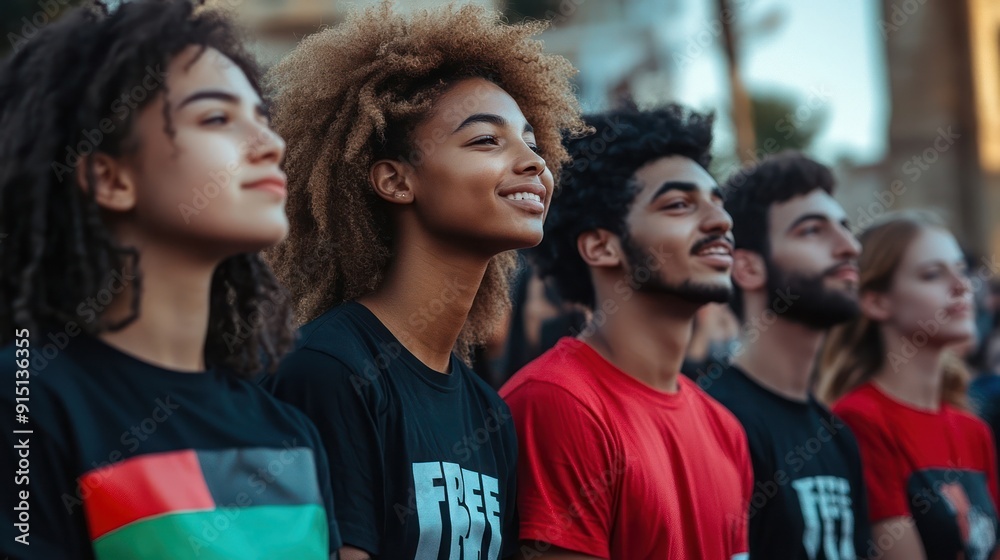 Group of young people with diverse hairstyles and attire, looking up expectantly. Group of young people with diverse hairstyles and attire, looking up expectantly.