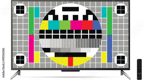 Modern oled tv with remote control and test pattern screen