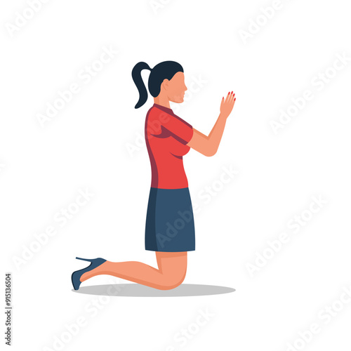 Businesswoman is praying. A girl in a suit on his knees reads a prayer. Vector illustration flat design. Isolated on white background.