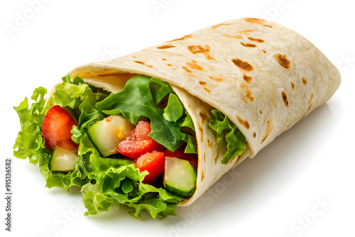 Tortilla wrap with fried chicken meat and vegetables. Shawarma fast food isolated on white background