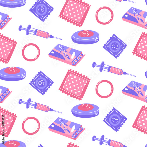 Pattern of birth control. Texture of colored flat contraceptive icons in blue, pink colors. contraceptives. Injection, patch, ring, female, male condom, pills. Individual elements in flat colors