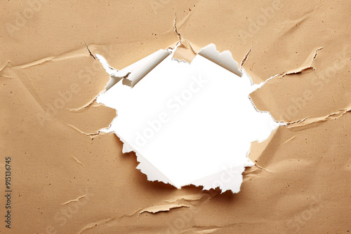 ripped transparent hole in brown paper, torn hole photo