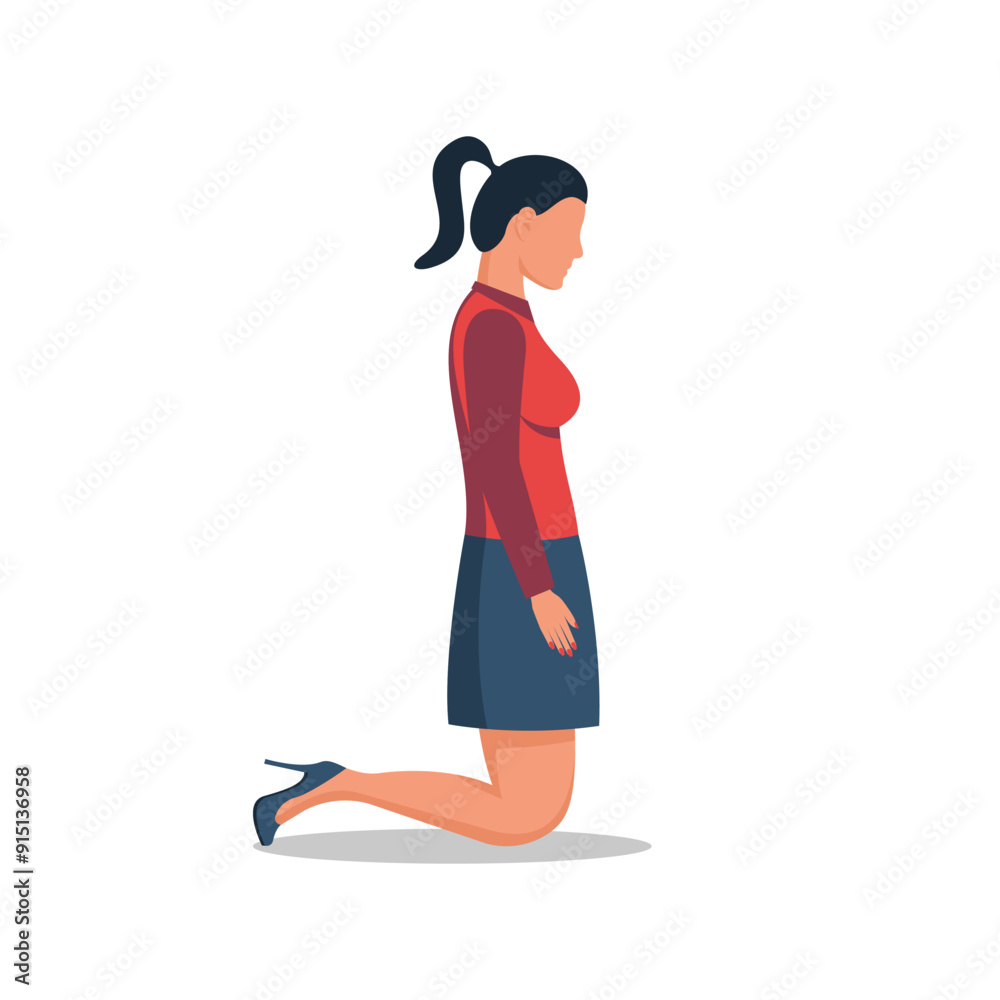 Woman on her knees. Depressed mental and moral state. Tired woman. Vector illustration flat design. Isolated on white background. Woman on her knees. Depressed mental and moral state. Tired woman. Vector illustration flat design. Isolated on white background.