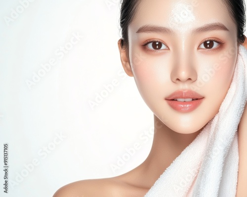 A young woman with flawless skin gently holds a towel to her face.  She has a soft, natural look and is staring directly at the camera.