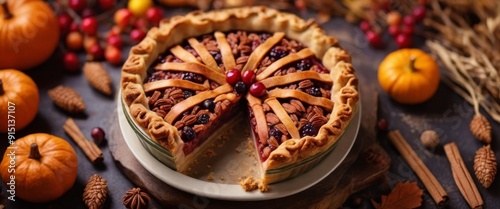 Autumn traditional delicious pie for Thanksgiving Festive homemade healthy natural eco pastries A delicious dessert for the American harvest festival Top view place for text.