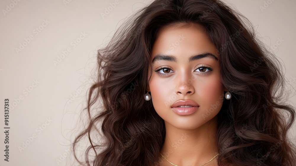 A woman with long, curly hair and a pearl earring. She has a natural, glowing look to her face A woman with long, curly hair and a pearl earring. She has a natural, glowing look to her face