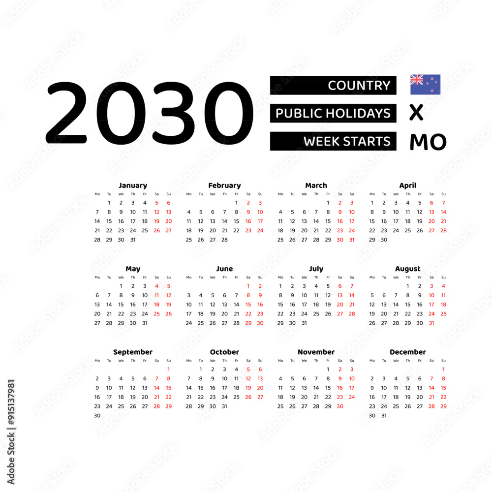 Calendar 2030 English language with New Zealand public holidays. Week ...