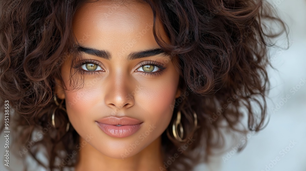 A woman with brown hair and green eyes is smiling. She has a lot of makeup on her face, including blush and eye shadow A woman with brown hair and green eyes is smiling. She has a lot of makeup on her face, including blush and eye shadow