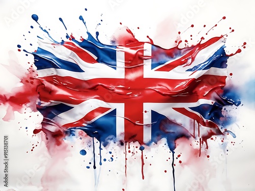 Waving British Flag in Watercolor Splatter