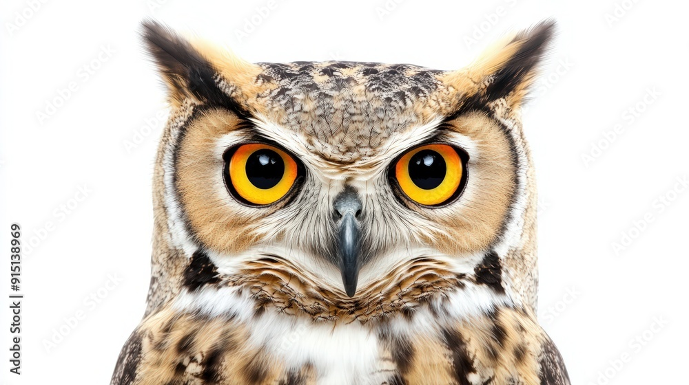 Majestic Owl with Piercing Eyes Captured in Portrait on White Background Majestic Owl with Piercing Eyes Captured in Portrait on White Background